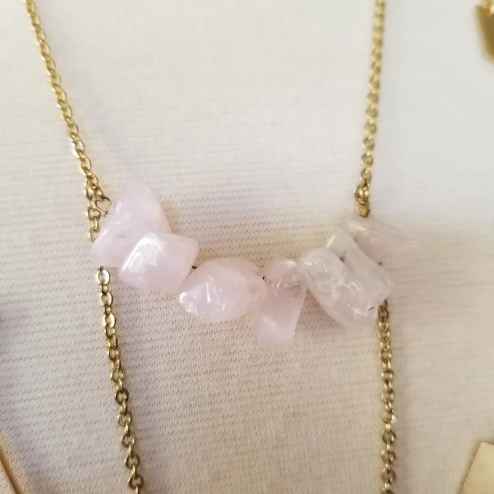 Rose Quartz Stones and Gold Cutout Shapes Layered Double Strand Chain Necklace